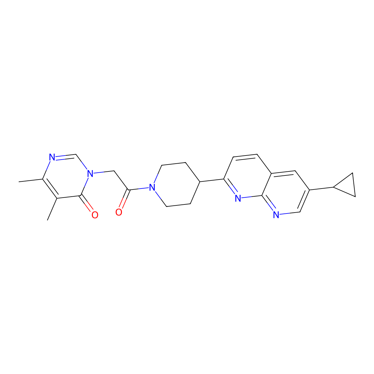 3-{2-[4-(6-Cyclopropyl-1,8-naphthyridin-2-yl)piperidin-1-yl]-2-oxoethyl}-5,6-dimethyl-3,4-dihydropyrimidin-4-one molecular structure, CAS 2741943-52-0