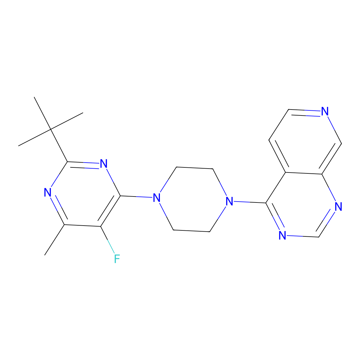 2-Tert-butyl-5-fluoro-4-methyl-6-(4-{pyrido[3,4-d]pyrimidin-4-yl}piperazin-1-yl)pyrimidine molecular structure, CAS 2741943-58-6