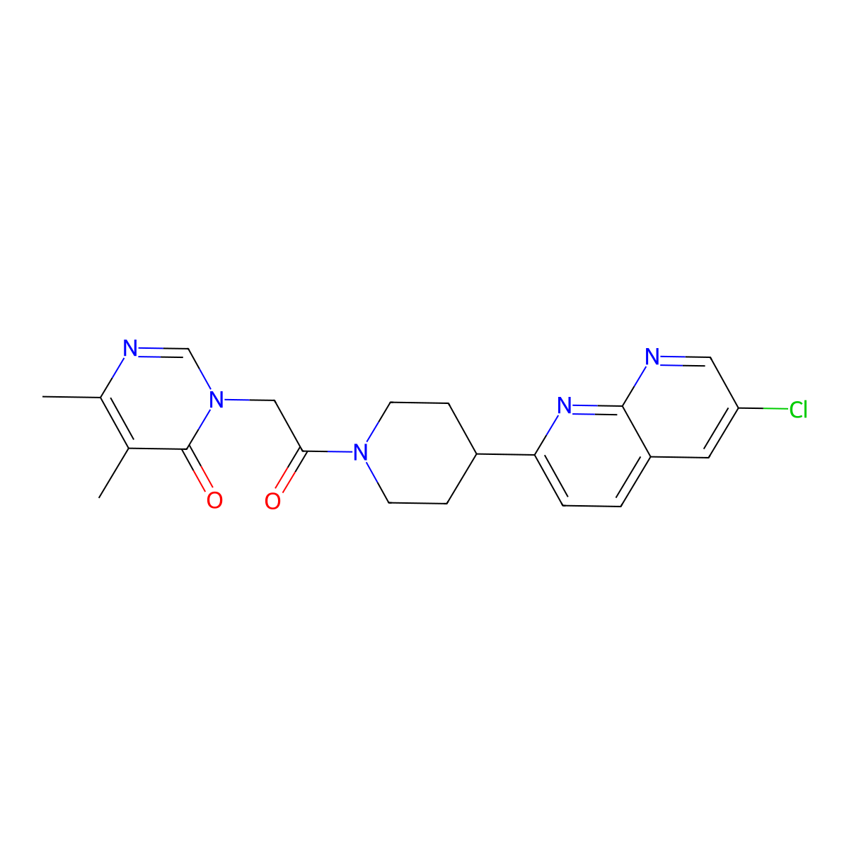 3-{2-[4-(6-Chloro-1,8-naphthyridin-2-yl)piperidin-1-yl]-2-oxoethyl}-5,6-dimethyl-3,4-dihydropyrimidin-4-one molecular structure, CAS 2741943-62-2