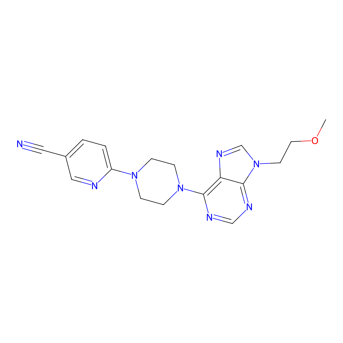6-{4-[9-(2-methoxyethyl)-9H-purin-6-yl]piperazin-1-yl}pyridine-3-carbonitrile molecular structure, CAS 2741943-63-3