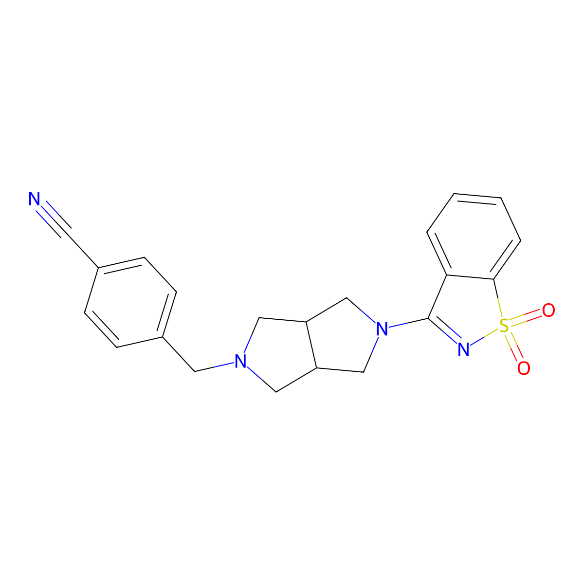 4-[[5-(1,1-Dioxo-1,2-benzothiazol-3-yl)-1,3,3a,4,6,6a-hexahydropyrrolo[3,4-c]pyrrol-2-yl]methyl]benzonitrile molecular structure, CAS 2741943-69-9