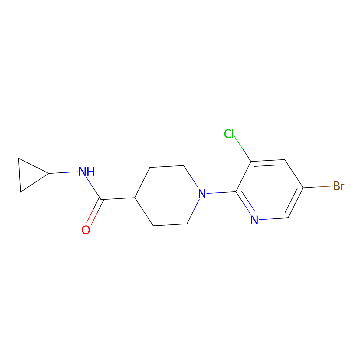1-(5-bromo-3-chloropyridin-2-yl)-N-cyclopropylpiperidine-4-carboxamide molecular structure, CAS 2741943-91-7