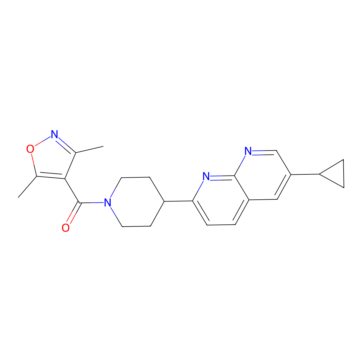 6-Cyclopropyl-2-[1-(3,5-dimethyl-1,2-oxazole-4-carbonyl)piperidin-4-yl]-1,8-naphthyridine molecular structure, CAS 2741944-09-0