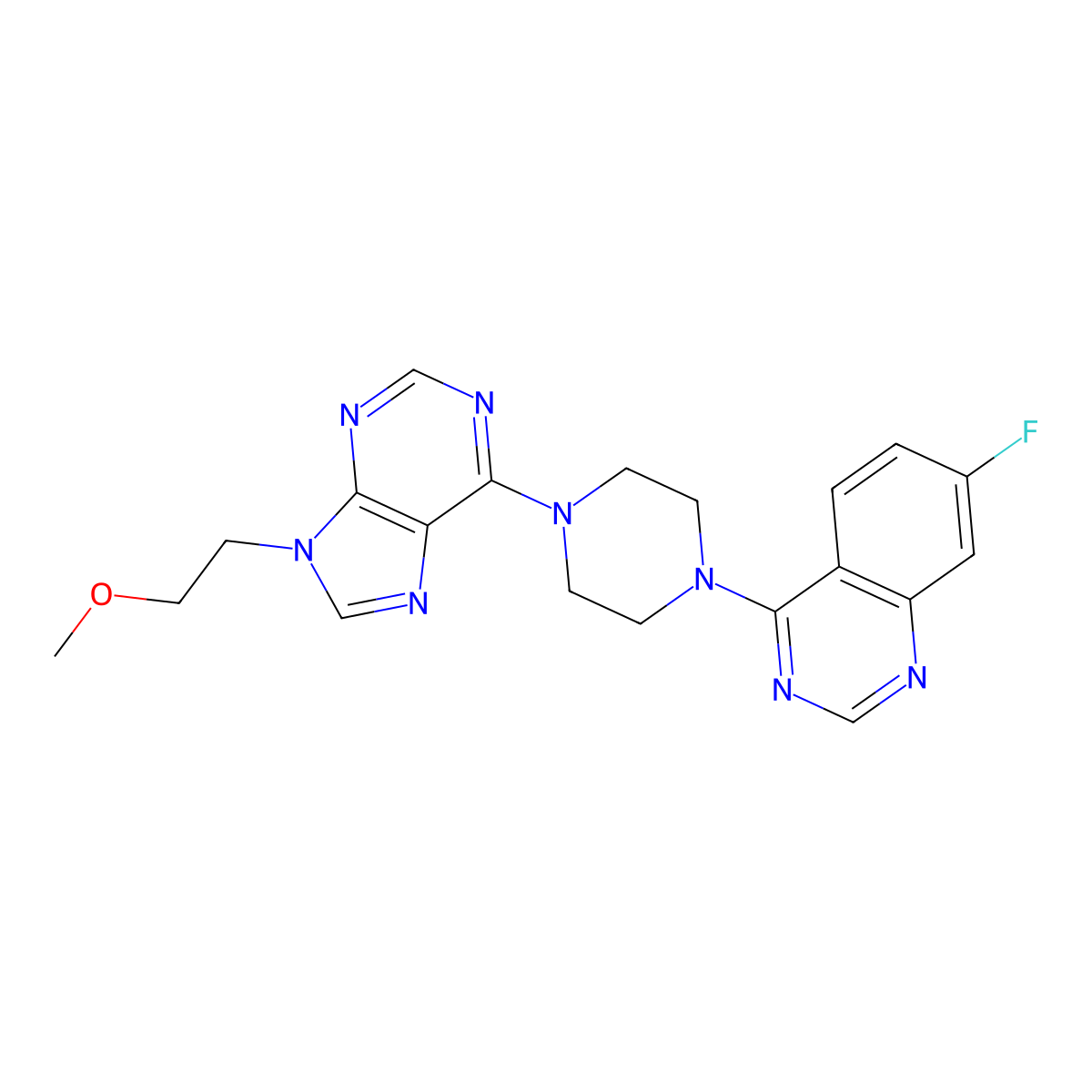 7-fluoro-4-{4-[9-(2-methoxyethyl)-9H-purin-6-yl]piperazin-1-yl}quinazoline molecular structure, CAS 2741944-12-5