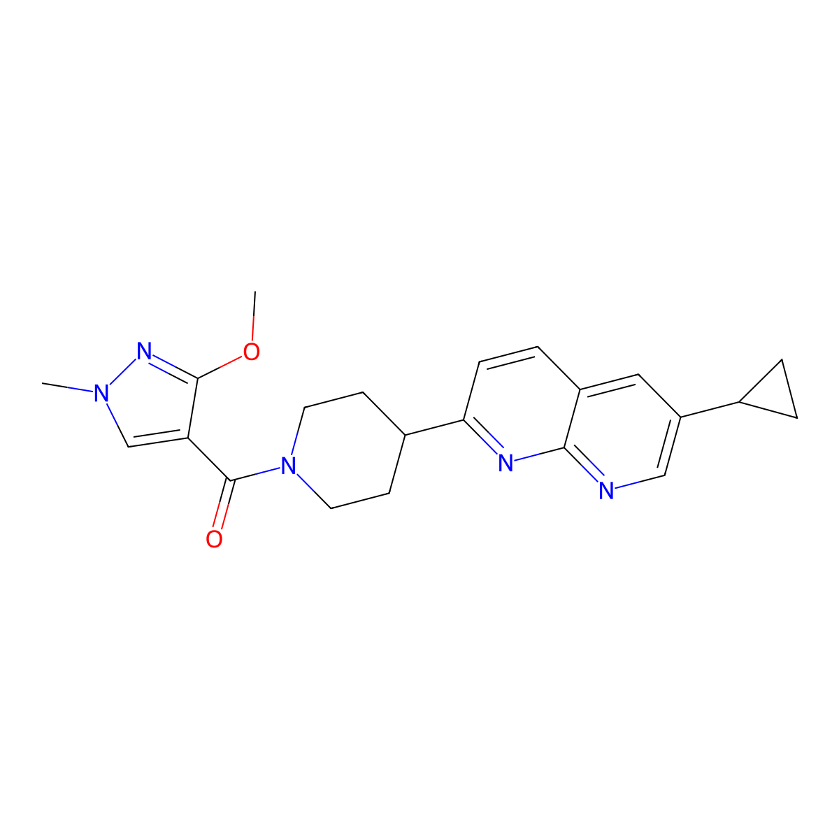 6-cyclopropyl-2-[1-(3-methoxy-1-methyl-1H-pyrazole-4-carbonyl)piperidin-4-yl]-1,8-naphthyridine molecular structure, CAS 2741944-13-6