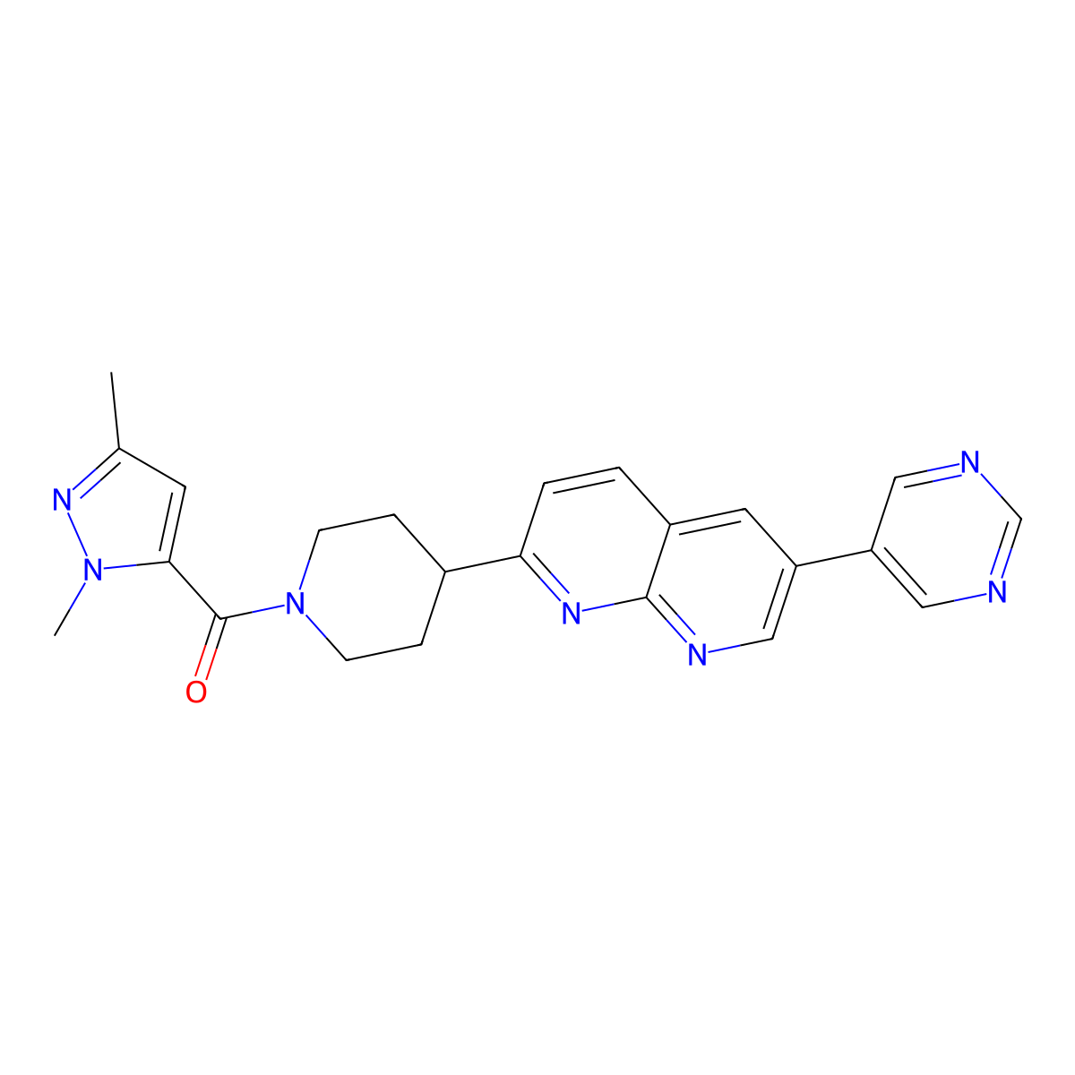 2-[1-(1,3-dimethyl-1H-pyrazole-5-carbonyl)piperidin-4-yl]-6-(pyrimidin-5-yl)-1,8-naphthyridine molecular structure, CAS 2741944-15-8