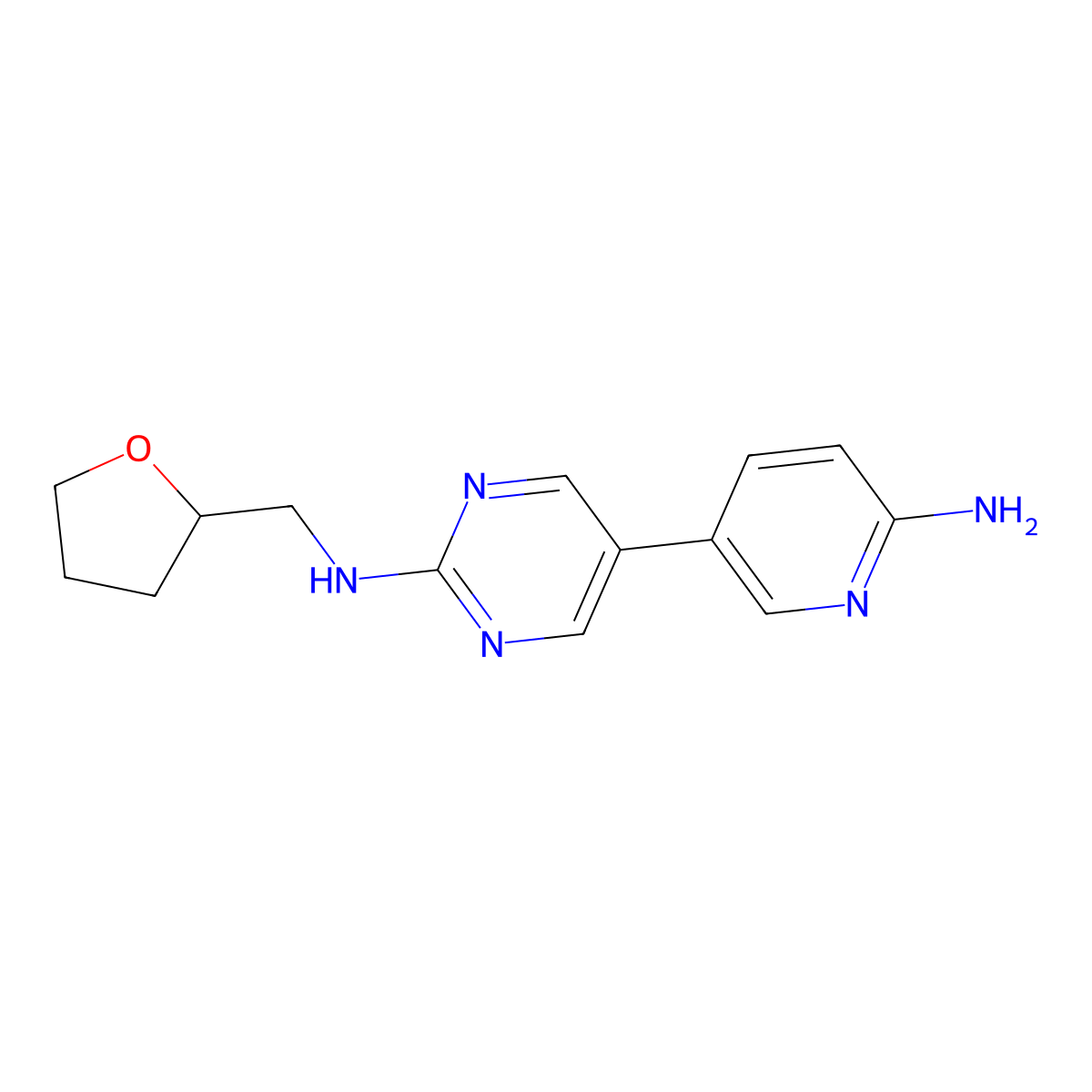 5-(6-aminopyridin-3-yl)-N-[(oxolan-2-yl)methyl]pyrimidin-2-amine molecular structure, CAS 2741944-22-7