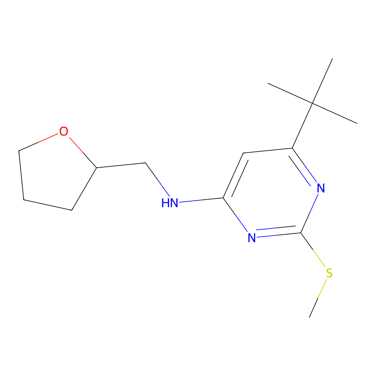 6-tert-butyl-2-(methylsulfanyl)-N-[(oxolan-2-yl)methyl]pyrimidin-4-amine molecular structure, CAS 2741944-24-9