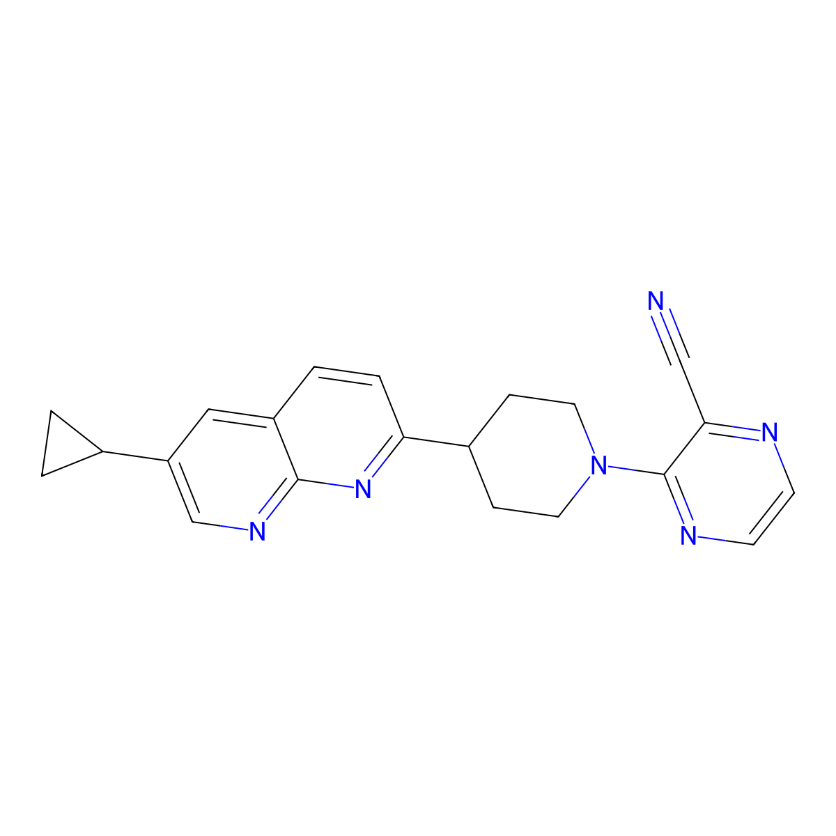 3-[4-(6-Cyclopropyl-1,8-naphthyridin-2-yl)piperidin-1-yl]pyrazine-2-carbonitrile molecular structure, CAS 2741944-30-7