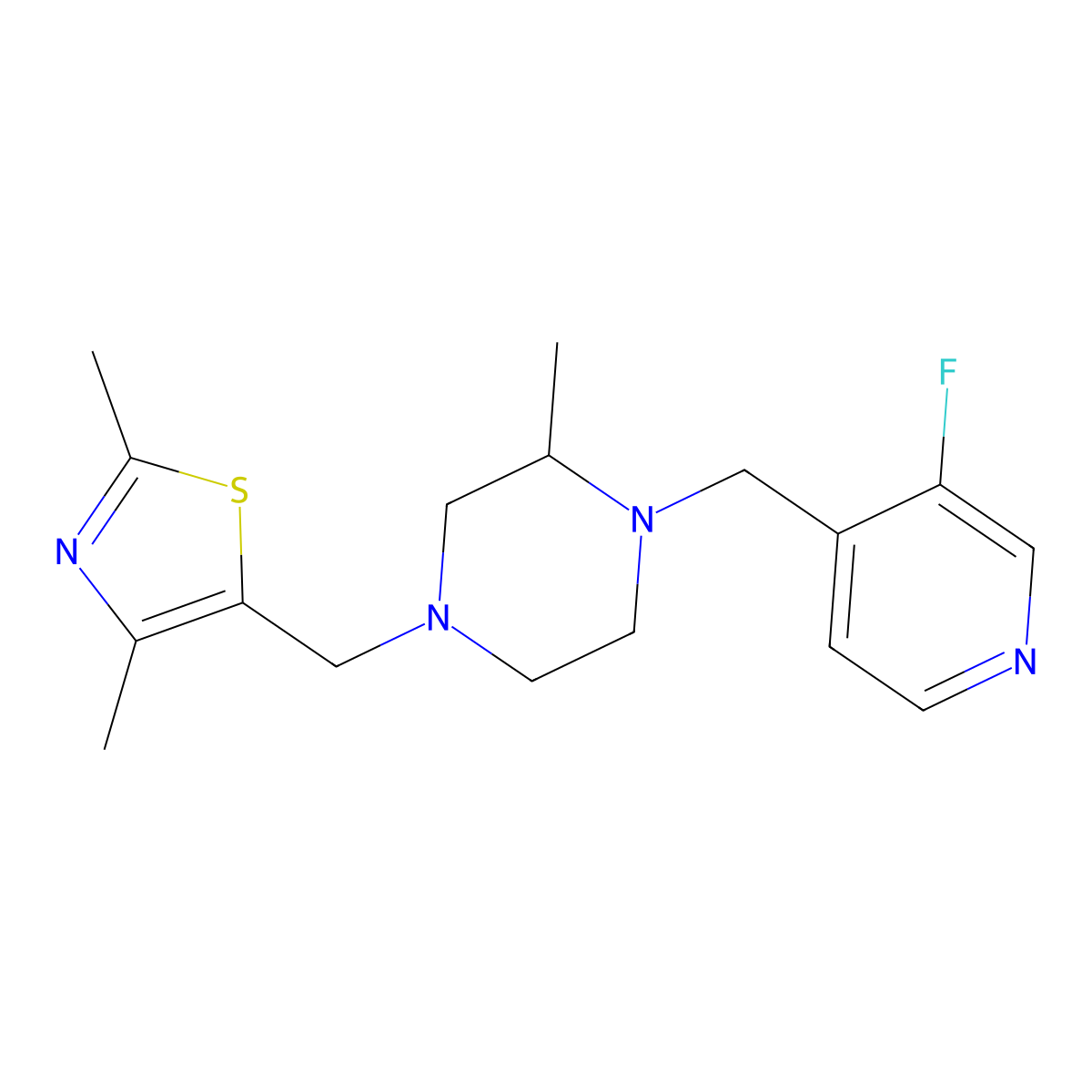 4-[(2,4-Dimethyl-1,3-thiazol-5-yl)methyl]-1-[(3-fluoropyridin-4-yl)methyl]-2-methylpiperazine molecular structure, CAS 2741944-38-5