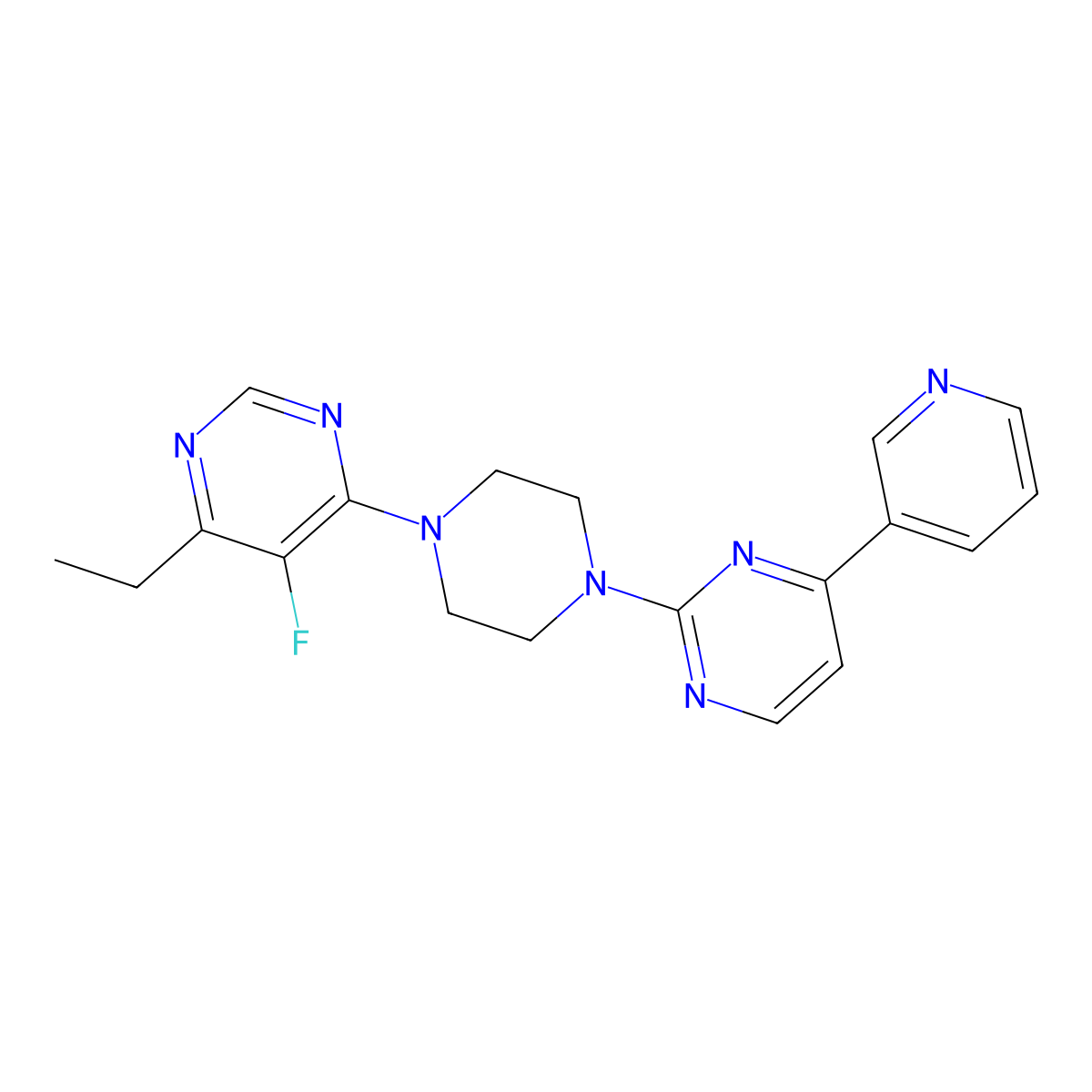 4-Ethyl-5-fluoro-6-{4-[4-(pyridin-3-yl)pyrimidin-2-yl]piperazin-1-yl}pyrimidine molecular structure, CAS 2741944-43-2