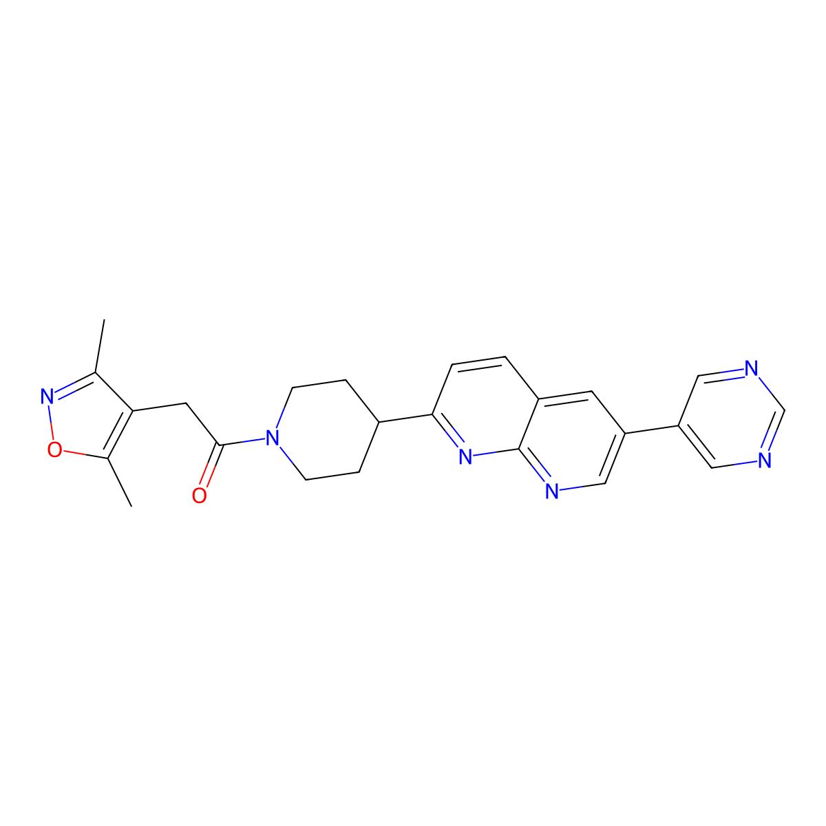 2-(3,5-Dimethyl-1,2-oxazol-4-yl)-1-{4-[6-(pyrimidin-5-yl)-1,8-naphthyridin-2-yl]piperidin-1-yl}ethan-1-one molecular structure, CAS 2741944-46-5