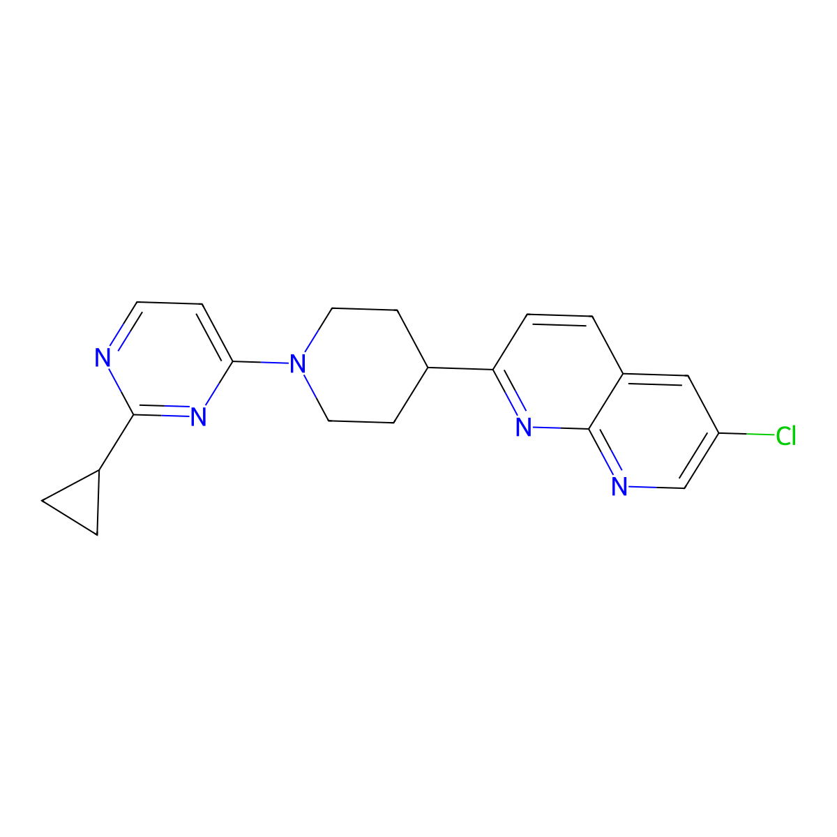 6-Chloro-2-[1-(2-cyclopropylpyrimidin-4-yl)piperidin-4-yl]-1,8-naphthyridine molecular structure, CAS 2741944-52-3