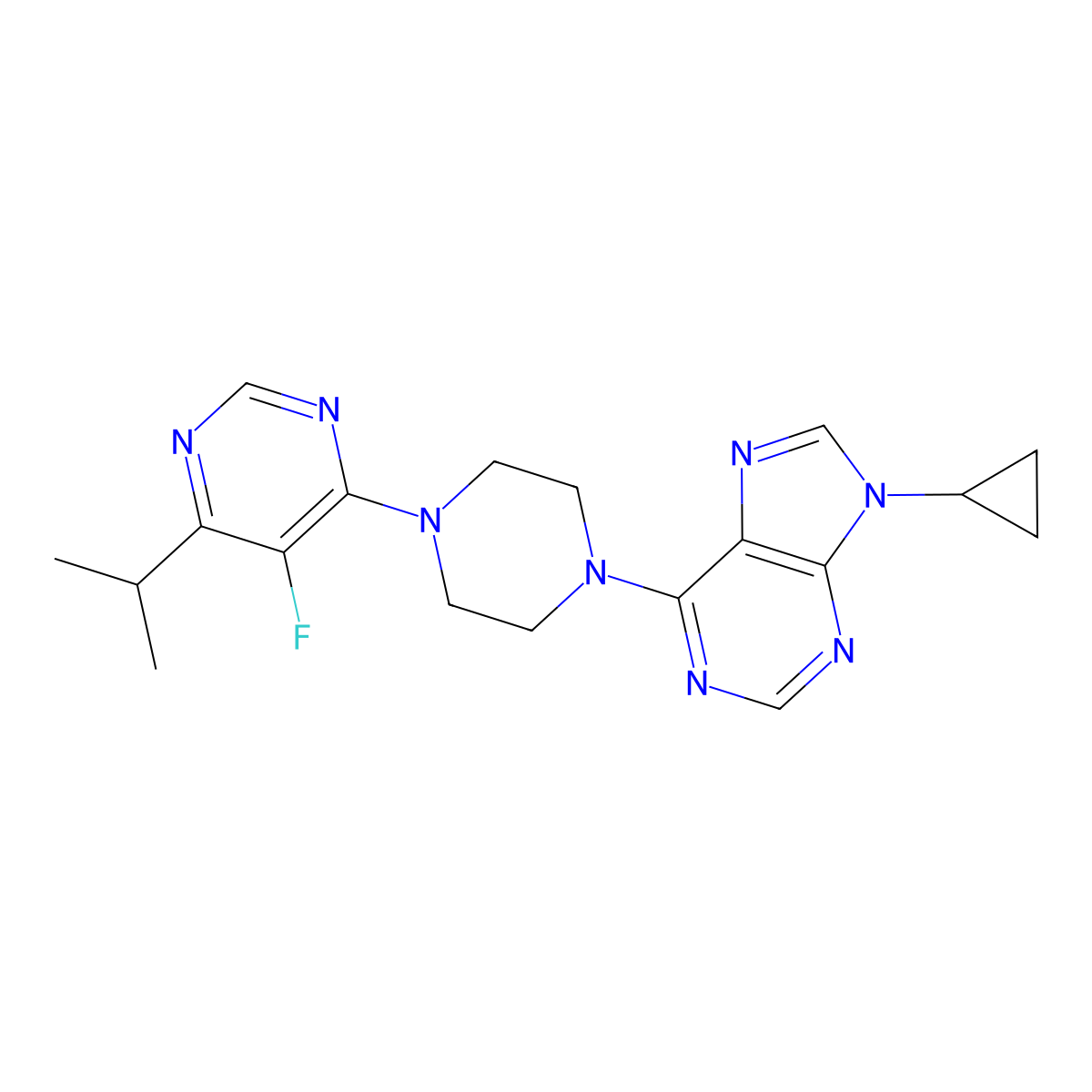 9-cyclopropyl-6-{4-[5-fluoro-6-(propan-2-yl)pyrimidin-4-yl]piperazin-1-yl}-9H-purine molecular structure, CAS 2741944-56-7