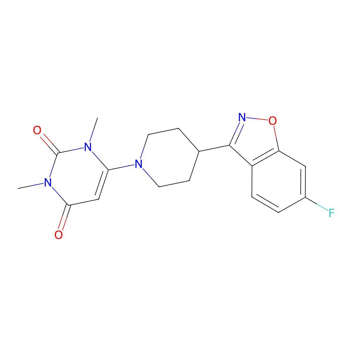 6-[4-(6-Fluoro-1,2-benzoxazol-3-yl)piperidin-1-yl]-1,3-dimethyl-1,2,3,4-tetrahydropyrimidine-2,4-dione molecular structure, CAS 2741944-58-9