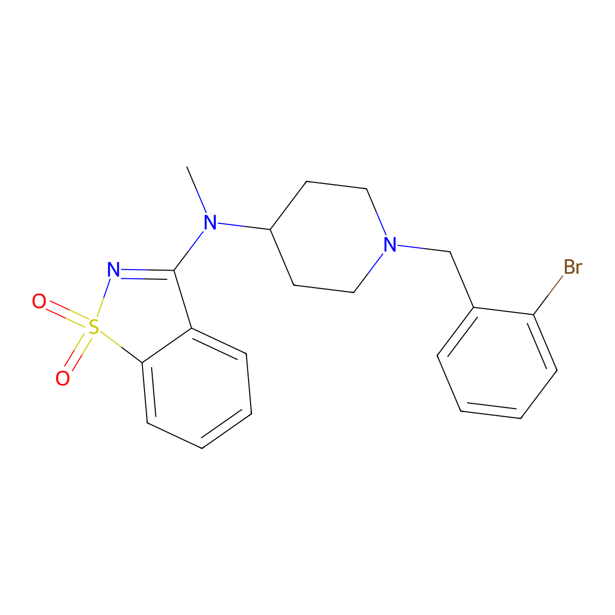 N-[1-[(2-bromophenyl)methyl]piperidin-4-yl]-N-methyl-1,1-dioxo-1,2-benzothiazol-3-amine molecular structure, CAS 2741944-60-3