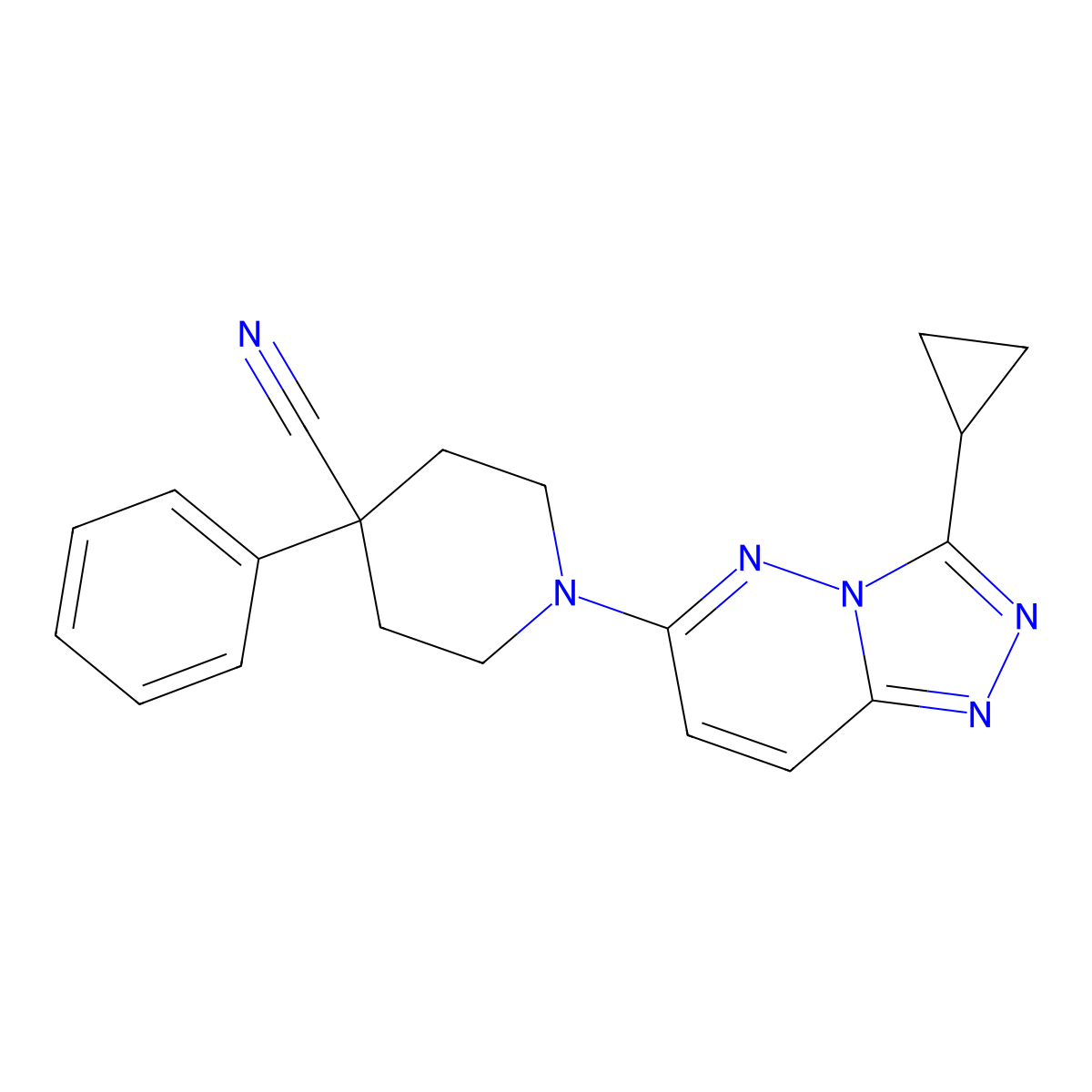 1-{3-Cyclopropyl-[1,2,4]triazolo[4,3-b]pyridazin-6-yl}-4-phenylpiperidine-4-carbonitrile molecular structure, CAS 2741944-67-0