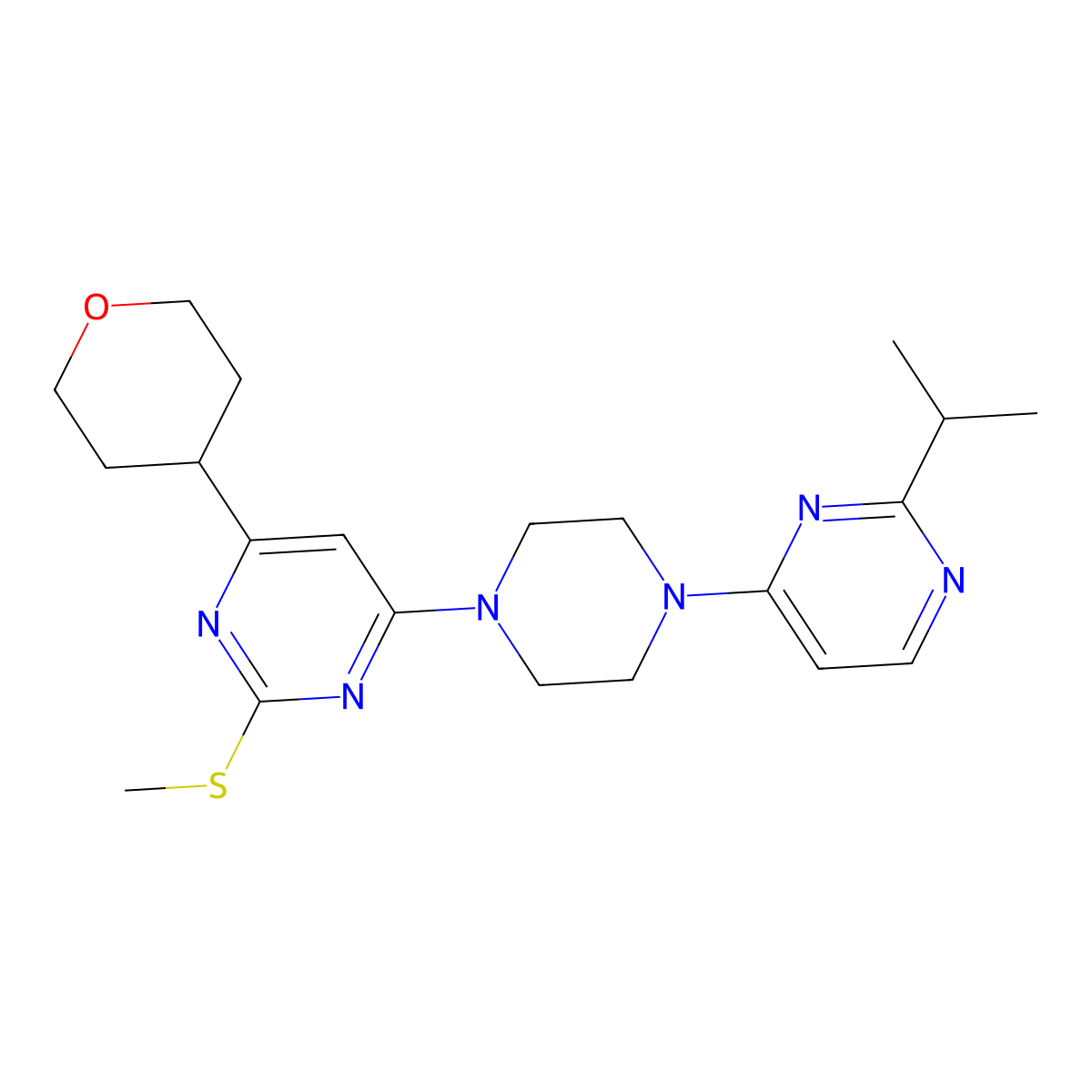 2-(Methylsulfanyl)-4-(oxan-4-yl)-6-{4-[2-(propan-2-yl)pyrimidin-4-yl]piperazin-1-yl}pyrimidine molecular structure, CAS 2741944-71-6