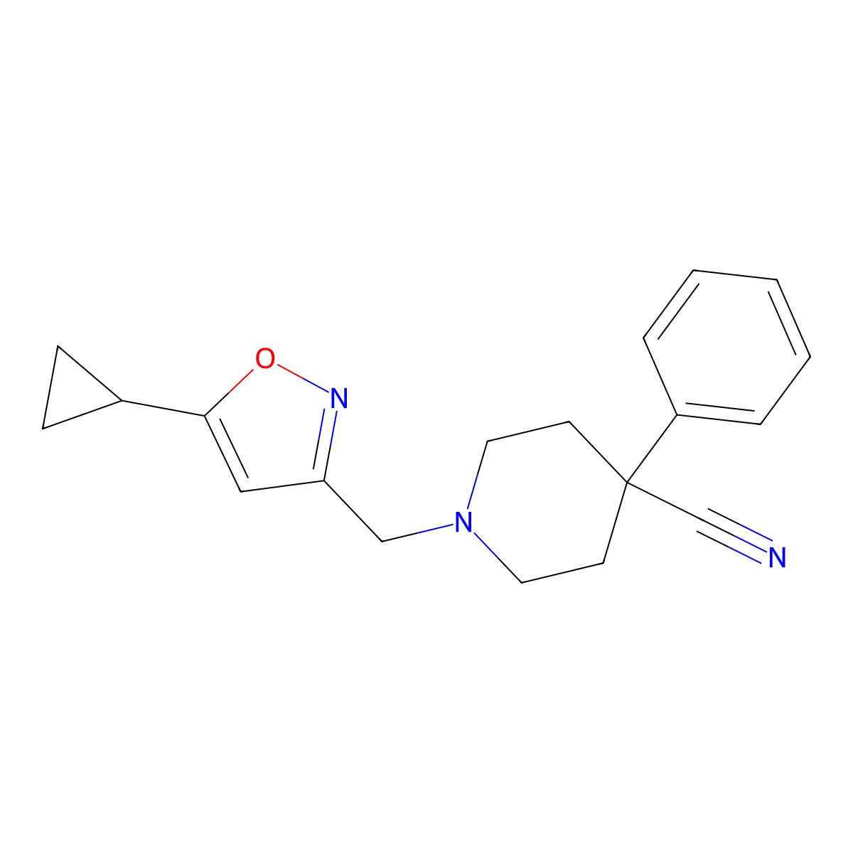 1-[(5-Cyclopropyl-1,2-oxazol-3-yl)methyl]-4-phenylpiperidine-4-carbonitrile molecular structure, CAS 2741944-73-8