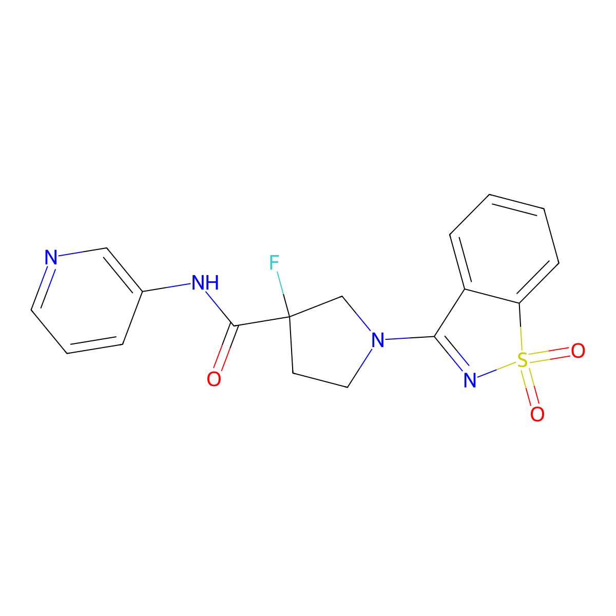 1-(1,1-dioxo-1,2-benzothiazol-3-yl)-3-fluoro-N-pyridin-3-ylpyrrolidine-3-carboxamide molecular structure, CAS 2741944-79-4