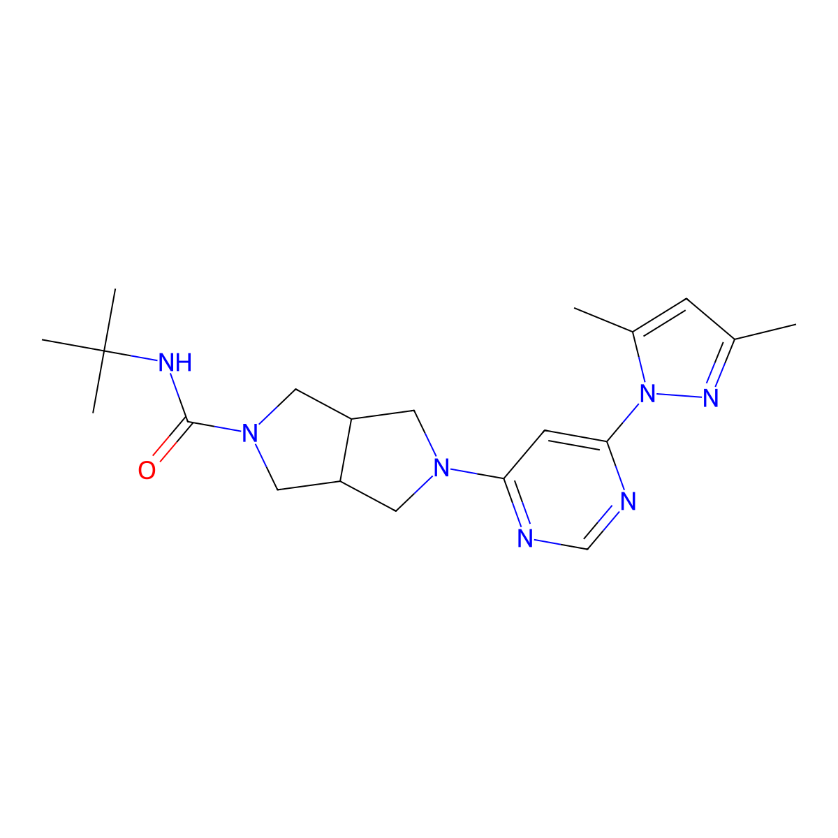 N-tert-butyl-5-[6-(3,5-dimethyl-1H-pyrazol-1-yl)pyrimidin-4-yl]-octahydropyrrolo[3,4-c]pyrrole-2-carboxamide molecular structure, CAS 2741944-80-7