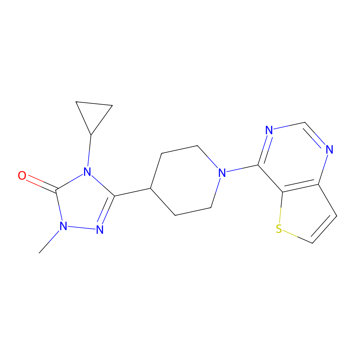 4-cyclopropyl-1-methyl-3-(1-{thieno[3,2-d]pyrimidin-4-yl}piperidin-4-yl)-4,5-dihydro-1H-1,2,4-triazol-5-one molecular structure, CAS 2741944-85-2