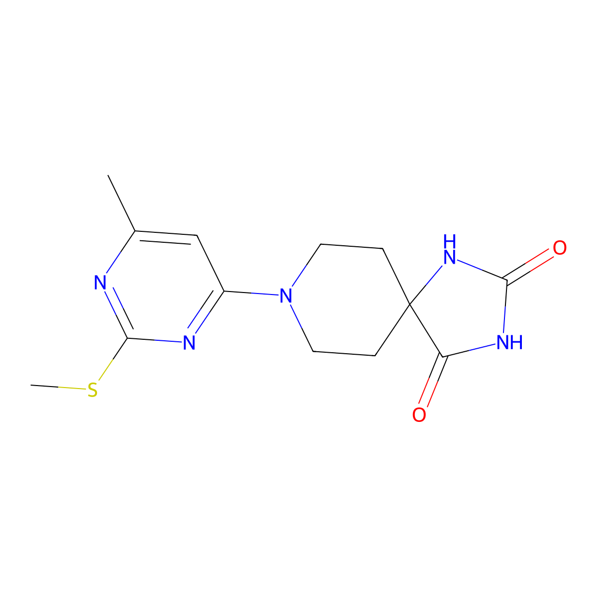 8-[6-Methyl-2-(methylsulfanyl)pyrimidin-4-yl]-1,3,8-triazaspiro[4.5]decane-2,4-dione molecular structure, CAS 2741944-89-6