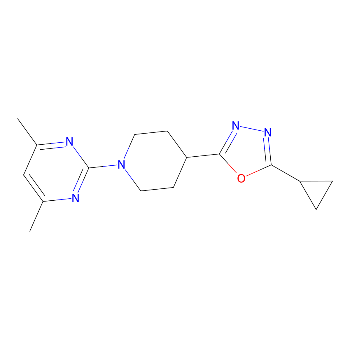 2-[4-(5-Cyclopropyl-1,3,4-oxadiazol-2-yl)piperidin-1-yl]-4,6-dimethylpyrimidine molecular structure, CAS 2741944-93-2