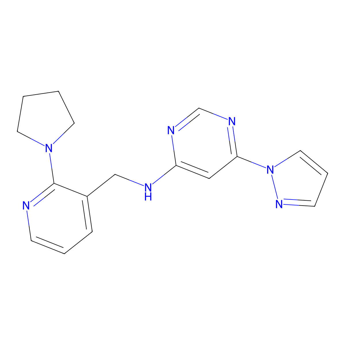 6-(1H-pyrazol-1-yl)-N-{[2-(pyrrolidin-1-yl)pyridin-3-yl]methyl}pyrimidin-4-amine molecular structure, CAS 2741944-98-7