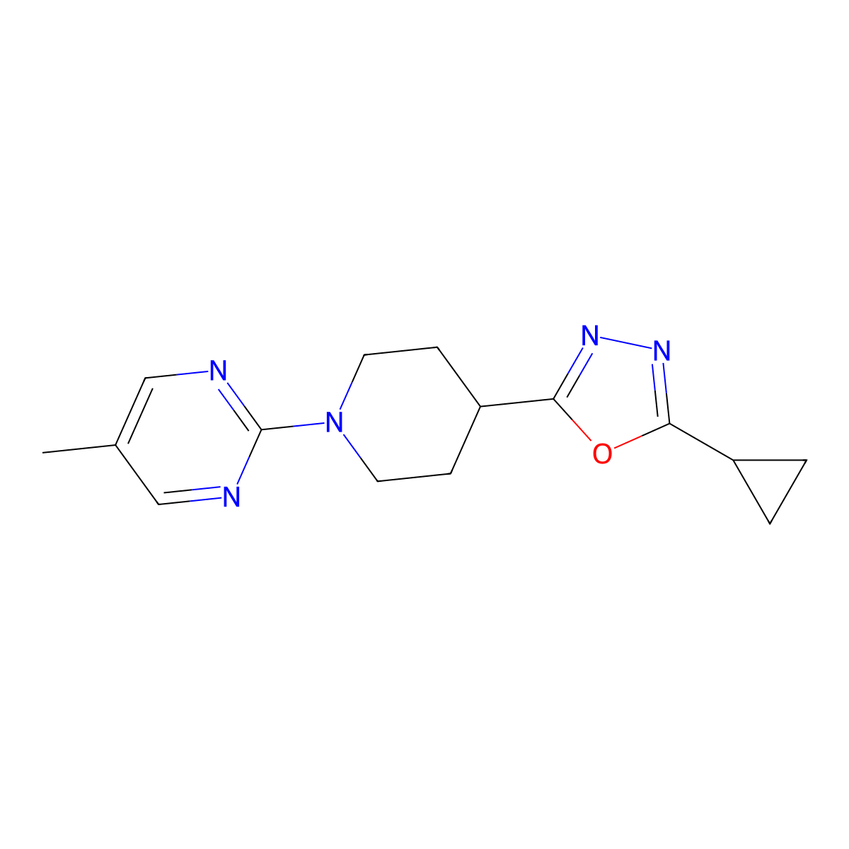2-[4-(5-Cyclopropyl-1,3,4-oxadiazol-2-yl)piperidin-1-yl]-5-methylpyrimidine molecular structure, CAS 2741944-99-8