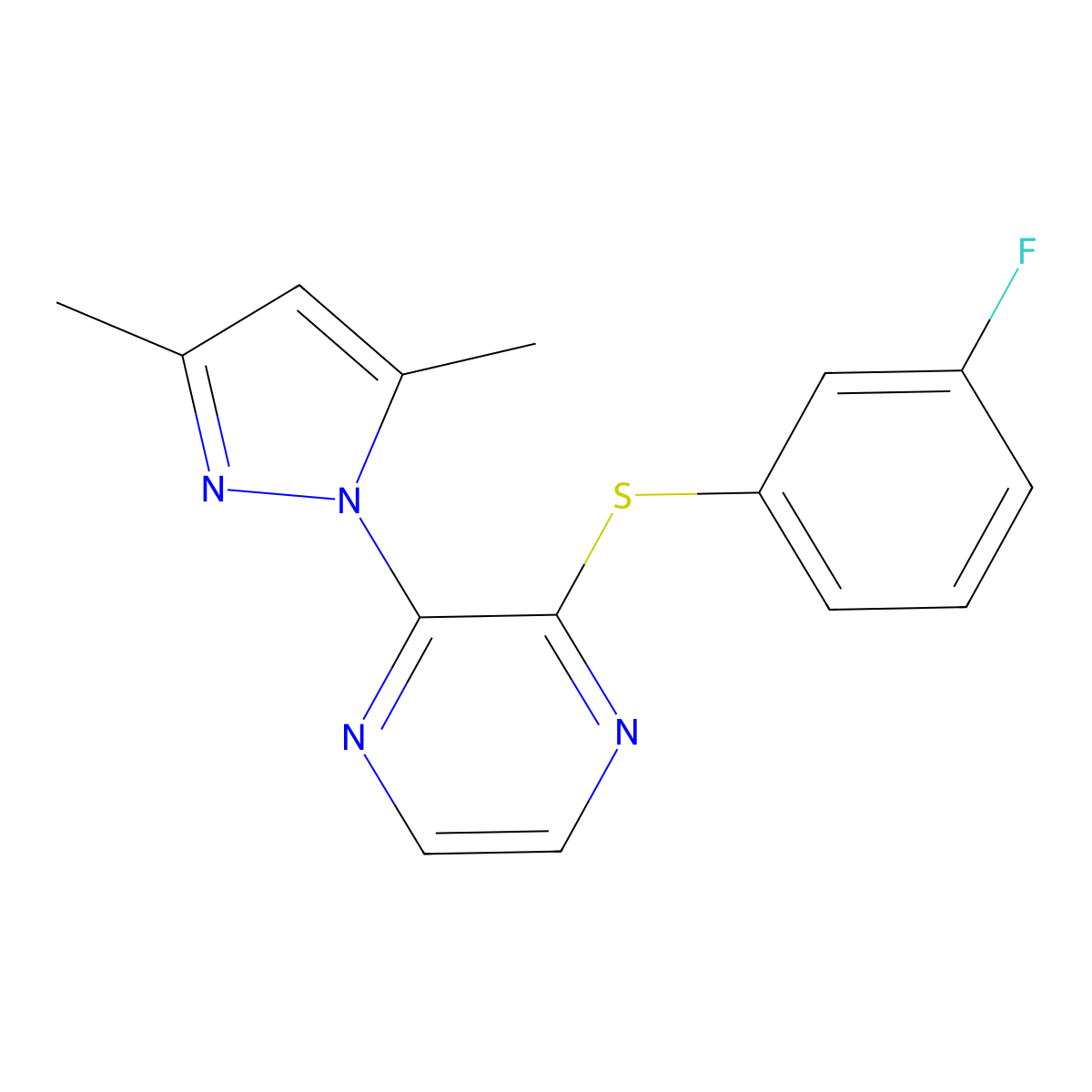 2-(3,5-dimethyl-1H-pyrazol-1-yl)-3-[(3-fluorophenyl)sulfanyl]pyrazine molecular structure, CAS 2741945-01-5