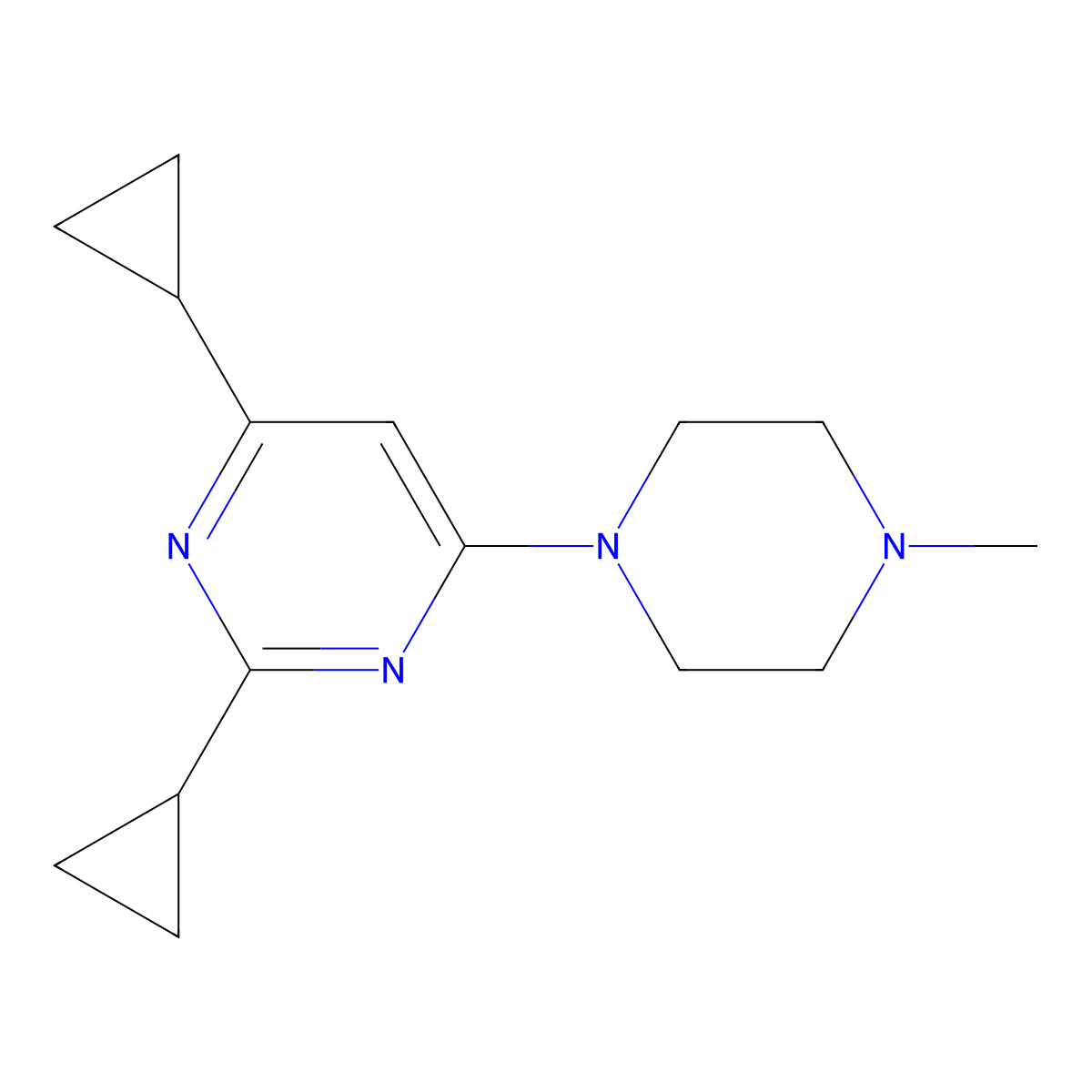 2,4-Dicyclopropyl-6-(4-methylpiperazin-1-yl)pyrimidine molecular structure, CAS 2741945-03-7
