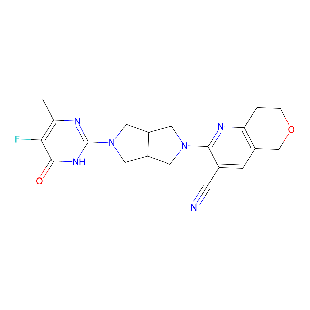 2-[5-(5-fluoro-4-methyl-6-oxo-1,6-dihydropyrimidin-2-yl)-octahydropyrrolo[3,4-c]pyrrol-2-yl]-5H,7H,8H-pyrano[4,3-b]pyridine-3-carbonitrile molecular structure, CAS 2741945-05-9