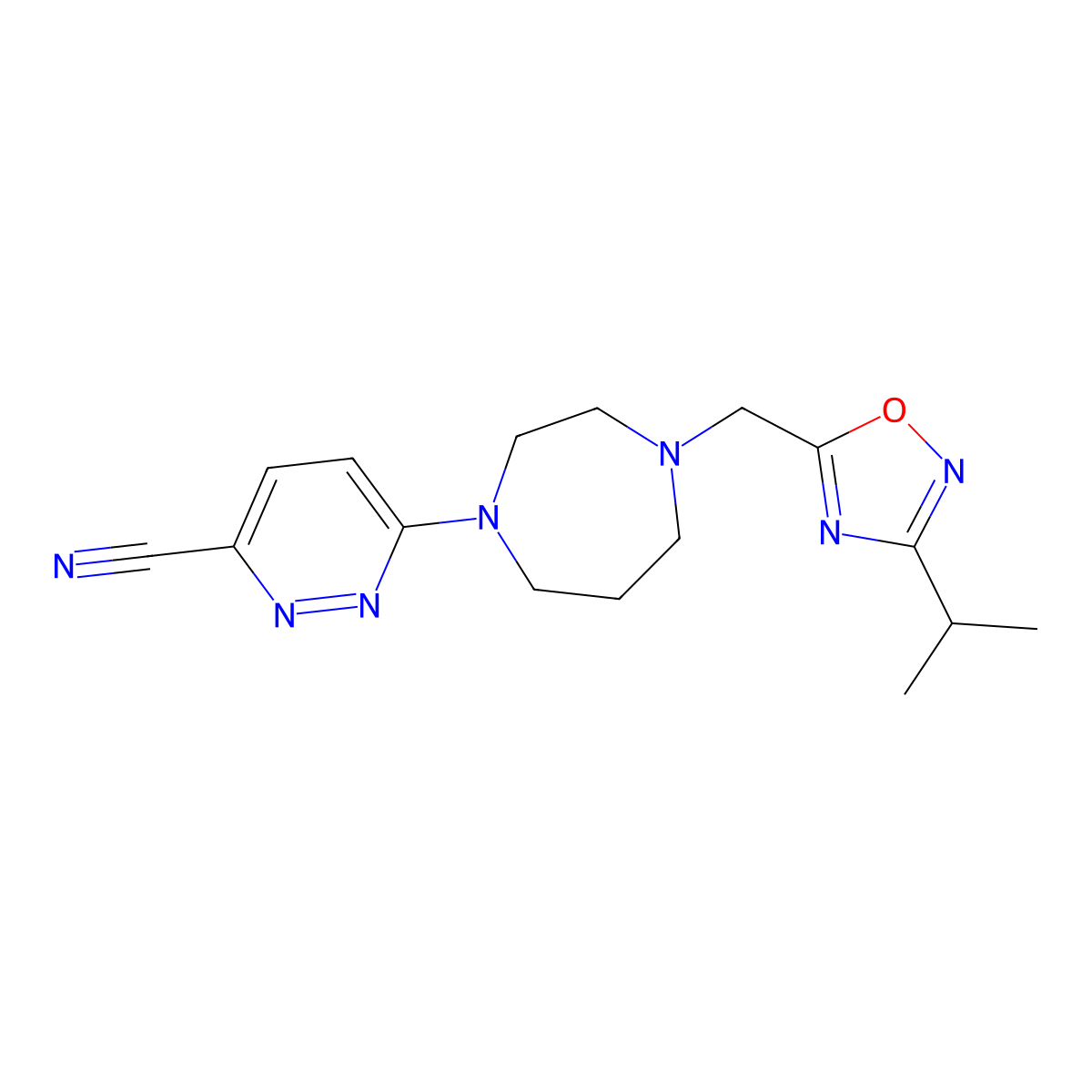6-[4-[(3-Propan-2-yl-1,2,4-oxadiazol-5-yl)methyl]-1,4-diazepan-1-yl]pyridazine-3-carbonitrile molecular structure, CAS 2741945-17-3