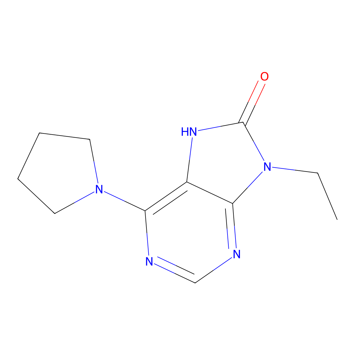 9-ethyl-6-(pyrrolidin-1-yl)-8,9-dihydro-7H-purin-8-one molecular structure, CAS 2741945-26-4