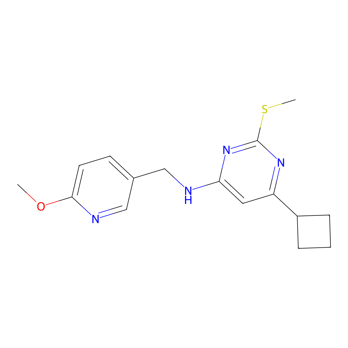 6-cyclobutyl-N-[(6-methoxypyridin-3-yl)methyl]-2-(methylsulfanyl)pyrimidin-4-amine molecular structure, CAS 2741945-30-0