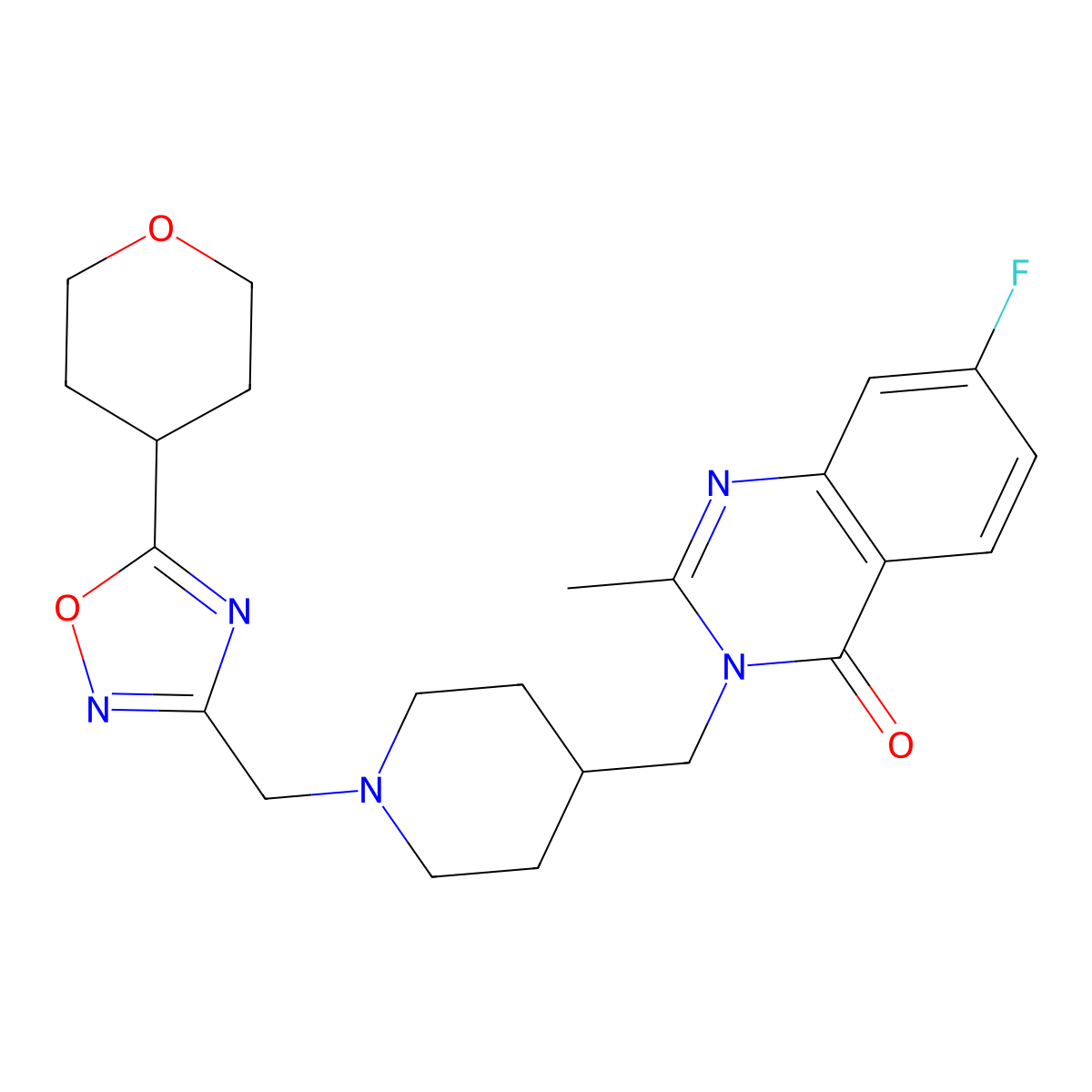 7-Fluoro-2-methyl-3-[(1-{[5-(oxan-4-yl)-1,2,4-oxadiazol-3-yl]methyl}piperidin-4-yl)methyl]-3,4-dihydroquinazolin-4-one molecular structure, CAS 2741945-31-1