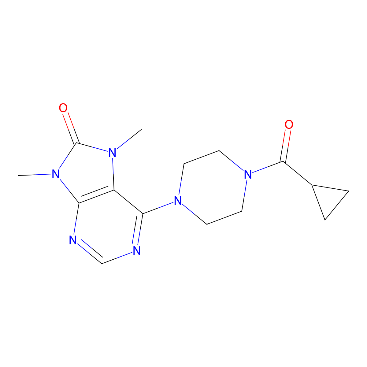 6-(4-cyclopropanecarbonylpiperazin-1-yl)-7,9-dimethyl-8,9-dihydro-7H-purin-8-one molecular structure, CAS 2741945-39-9