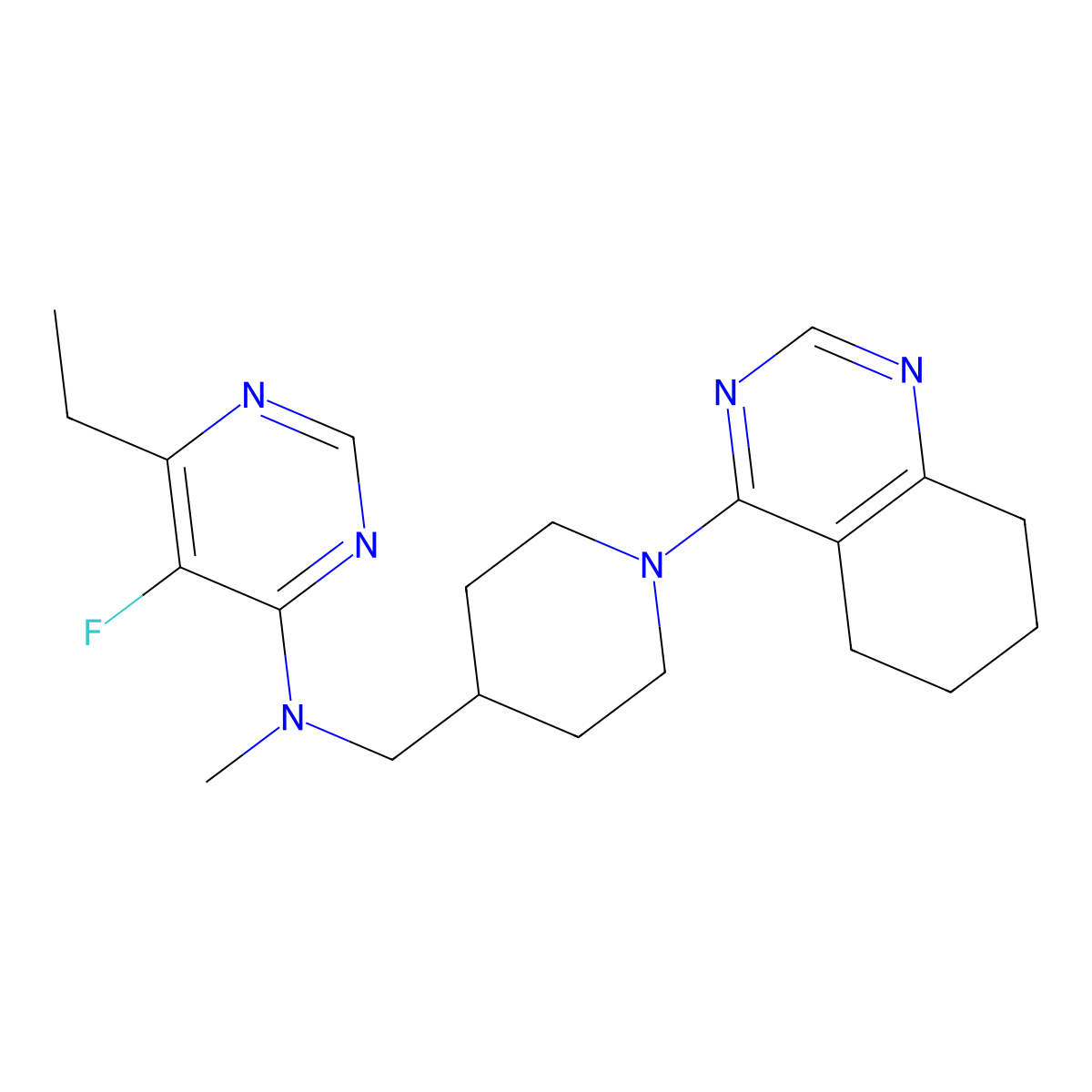 6-ethyl-5-fluoro-N-methyl-N-{[1-(5,6,7,8-tetrahydroquinazolin-4-yl)piperidin-4-yl]methyl}pyrimidin-4-amine molecular structure, CAS 2741945-56-0
