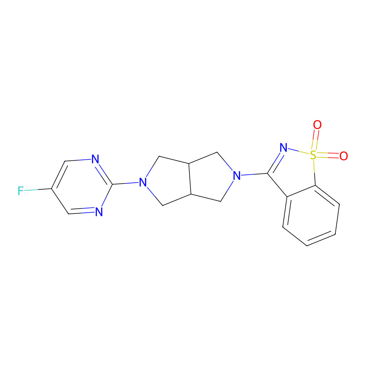 3-[5-(5-Fluoropyrimidin-2-yl)-1,3,3a,4,6,6a-hexahydropyrrolo[3,4-c]pyrrol-2-yl]-1,2-benzothiazole 1,1-dioxide molecular structure, CAS 2741945-65-1