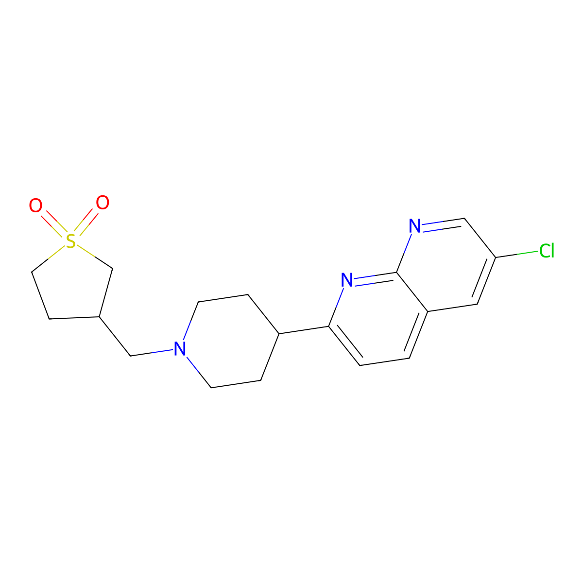 3-[[4-(6-Chloro-1,8-naphthyridin-2-yl)piperidin-1-yl]methyl]thiolane 1,1-dioxide molecular structure, CAS 2741945-69-5