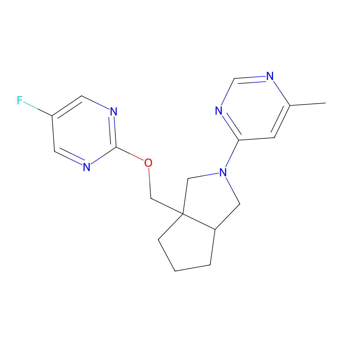 4-(3a-{[(5-Fluoropyrimidin-2-yl)oxy]methyl}-octahydrocyclopenta[c]pyrrol-2-yl)-6-methylpyrimidine molecular structure, CAS 2741945-72-0
