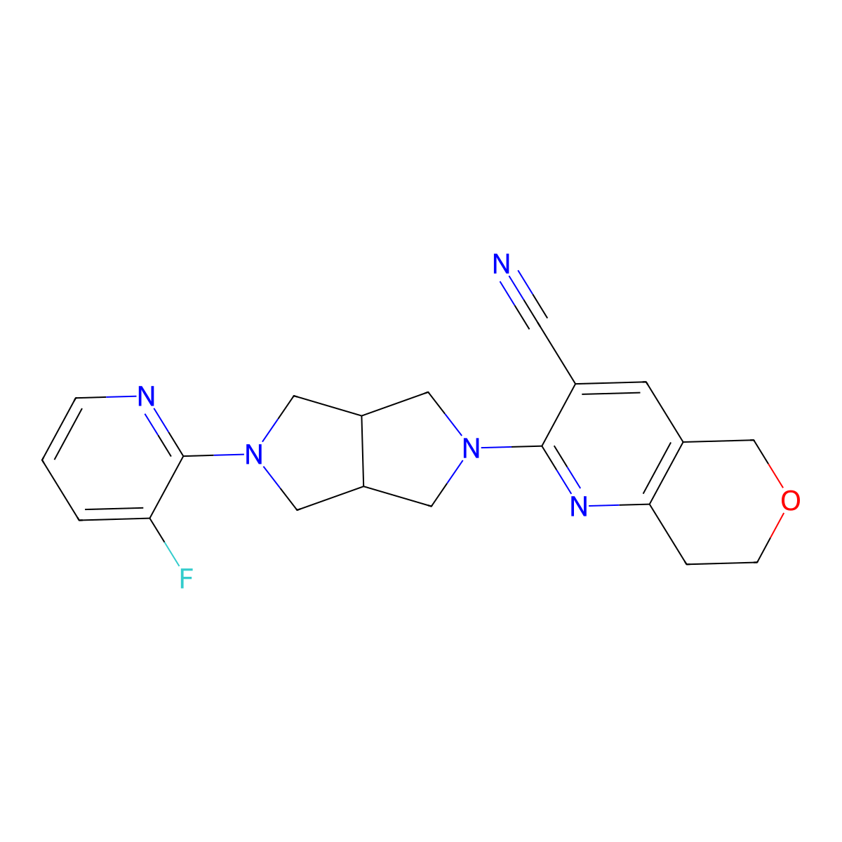 2-[5-(3-fluoropyridin-2-yl)-octahydropyrrolo[3,4-c]pyrrol-2-yl]-5H,7H,8H-pyrano[4,3-b]pyridine-3-carbonitrile molecular structure, CAS 2741945-76-4