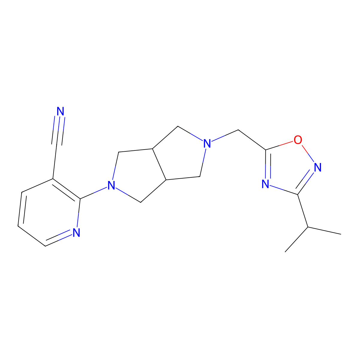 2-(5-{[3-(Propan-2-yl)-1,2,4-oxadiazol-5-yl]methyl}-octahydropyrrolo[3,4-c]pyrrol-2-yl)pyridine-3-carbonitrile molecular structure, CAS 2741945-78-6
