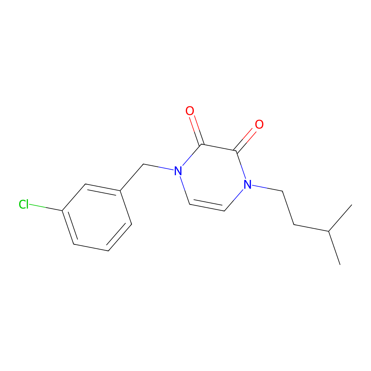 1-[(3-Chlorophenyl)methyl]-4-(3-methylbutyl)-1,2,3,4-tetrahydropyrazine-2,3-dione molecular structure, CAS 2741945-79-7