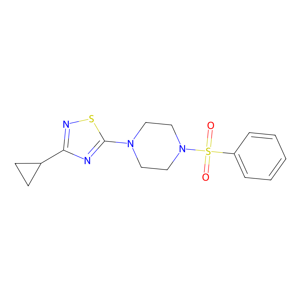 1-(Benzenesulfonyl)-4-(3-cyclopropyl-1,2,4-thiadiazol-5-yl)piperazine molecular structure, CAS 2741945-81-1