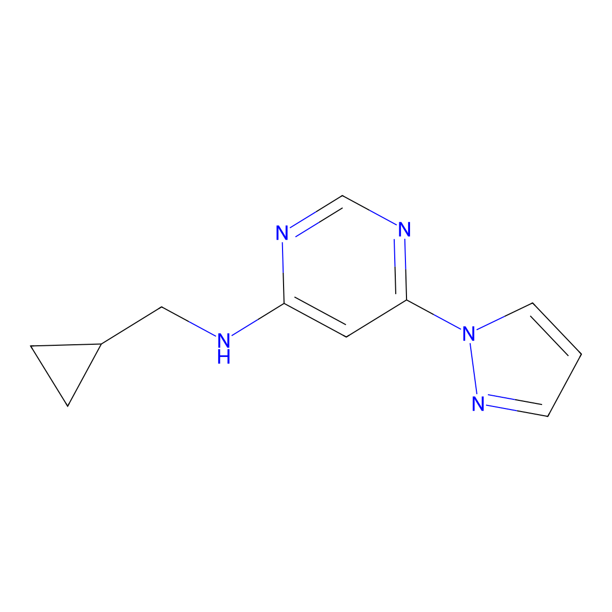 N-(cyclopropylmethyl)-6-(1H-pyrazol-1-yl)pyrimidin-4-amine molecular structure, CAS 2741945-82-2