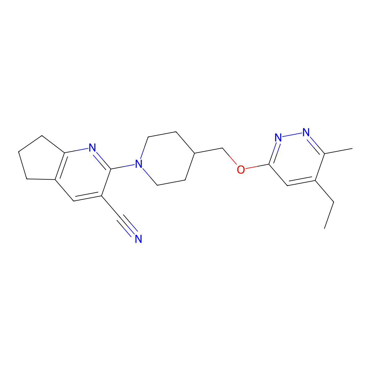 2-(4-{[(5-ethyl-6-methylpyridazin-3-yl)oxy]methyl}piperidin-1-yl)-5H,6H,7H-cyclopenta[b]pyridine-3-carbonitrile molecular structure, CAS 2741945-88-8