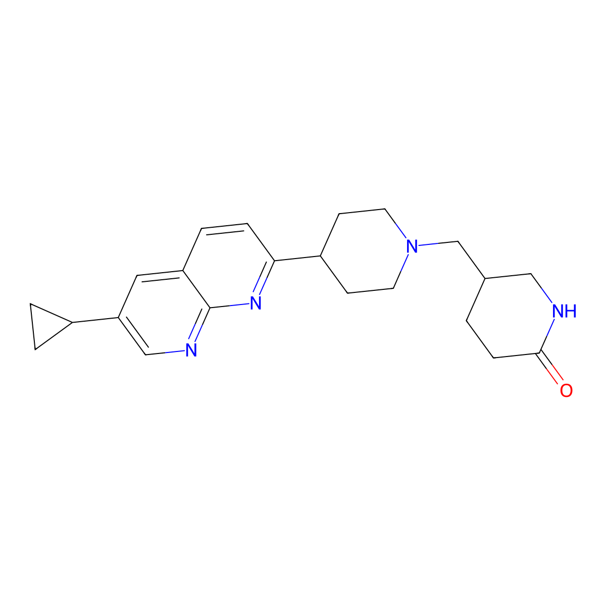 5-{[4-(6-Cyclopropyl-1,8-naphthyridin-2-yl)piperidin-1-yl]methyl}piperidin-2-one molecular structure, CAS 2741945-96-8