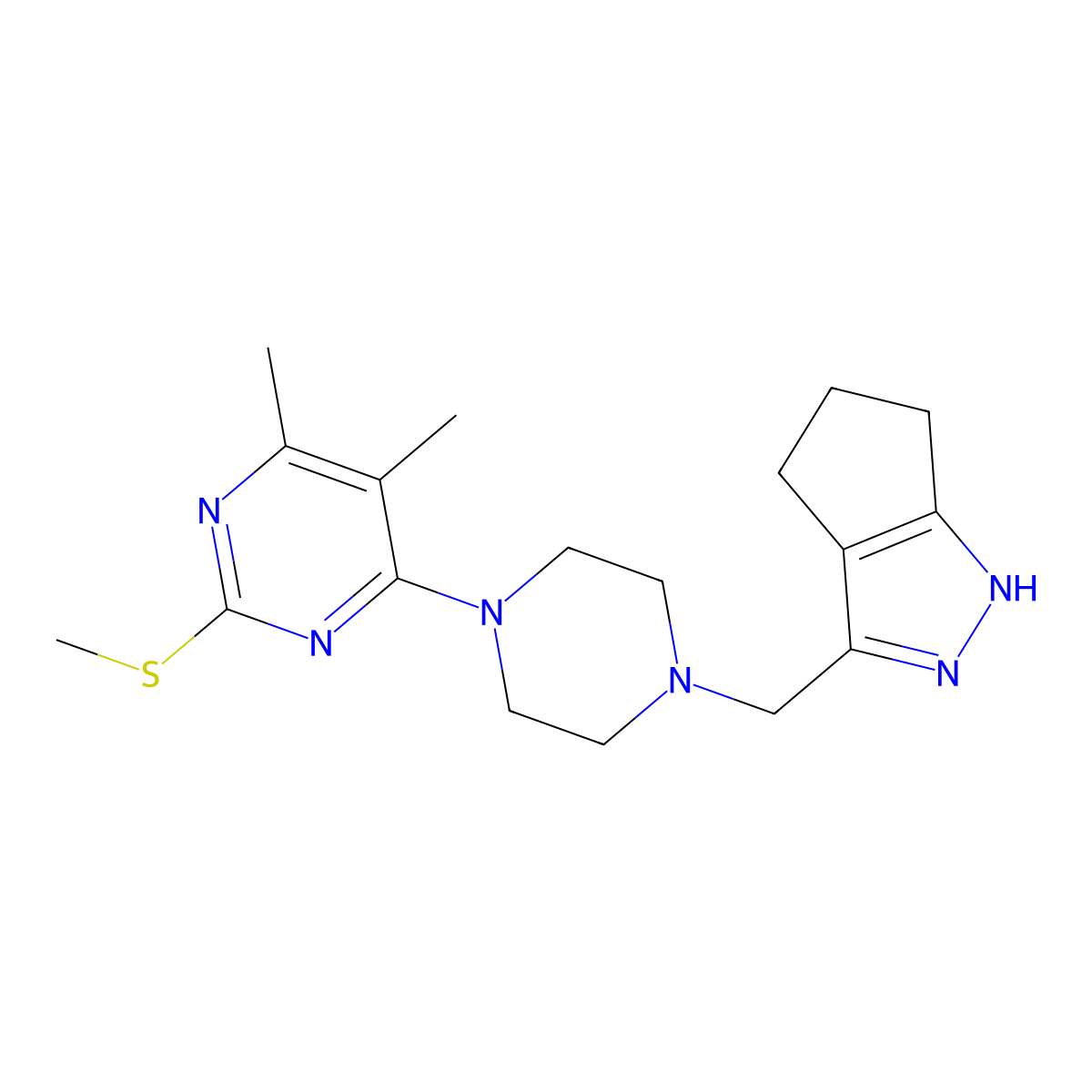 4-[4-({1H,4H,5H,6H-cyclopenta[c]pyrazol-3-yl}methyl)piperazin-1-yl]-5,6-dimethyl-2-(methylsulfanyl)pyrimidine molecular structure, CAS 2741945-99-1